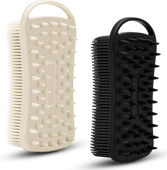 2 PC Silicone Body Scrubber, 2 in 1 Exfoliating Shower Bath Scrubber, Soft Silicone Loofah for Sensitive Skin, Shower Hair Scalp Massager, Easy to Clean, Lather Well (Grey&Black)
