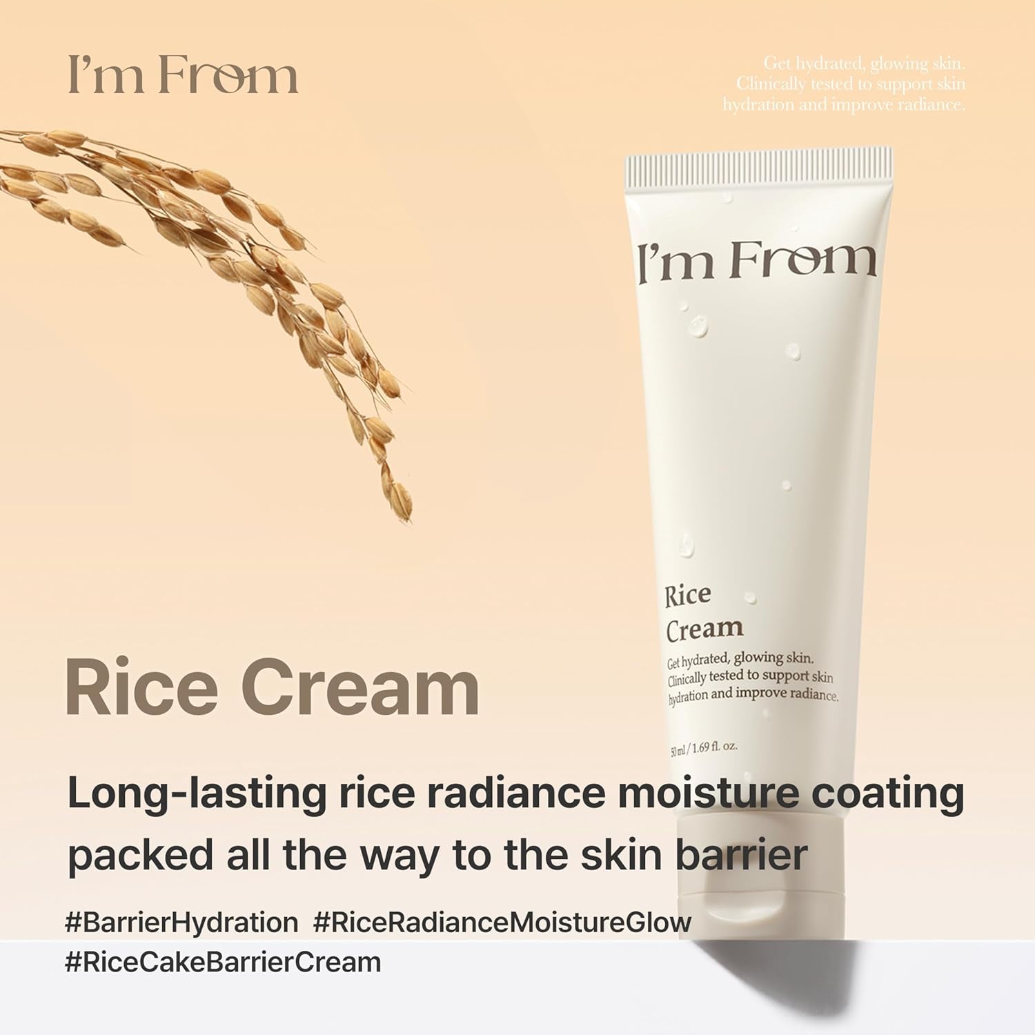 I’M from Rice Cream, Hydrating Face Moisturizer with Rice Water & Ceramide, Lightweight Barrier Cream for Dry & Combination Skin, Korean Skincare 1.69Fl.Oz
